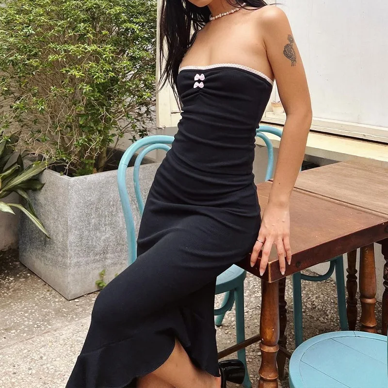 Y2K Vintage Women 2 Piece Summer Outfits Black Sleeveless Off Shoulder Tube Tops Long Bodycon Skirt Set Retro Streetwear