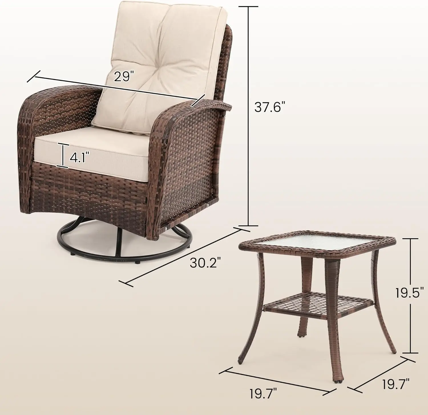 3 Pieces Patio Furniture Set, Outdoor Swivel Glider Rocker, Wicker Bistro Set with Rattan Rocking Chair, Glass Top Table