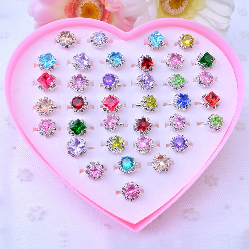 36 Pcs Novelty Jewel Ring Rings Kids for Girls Little Adjustable Pink Plastic Baby