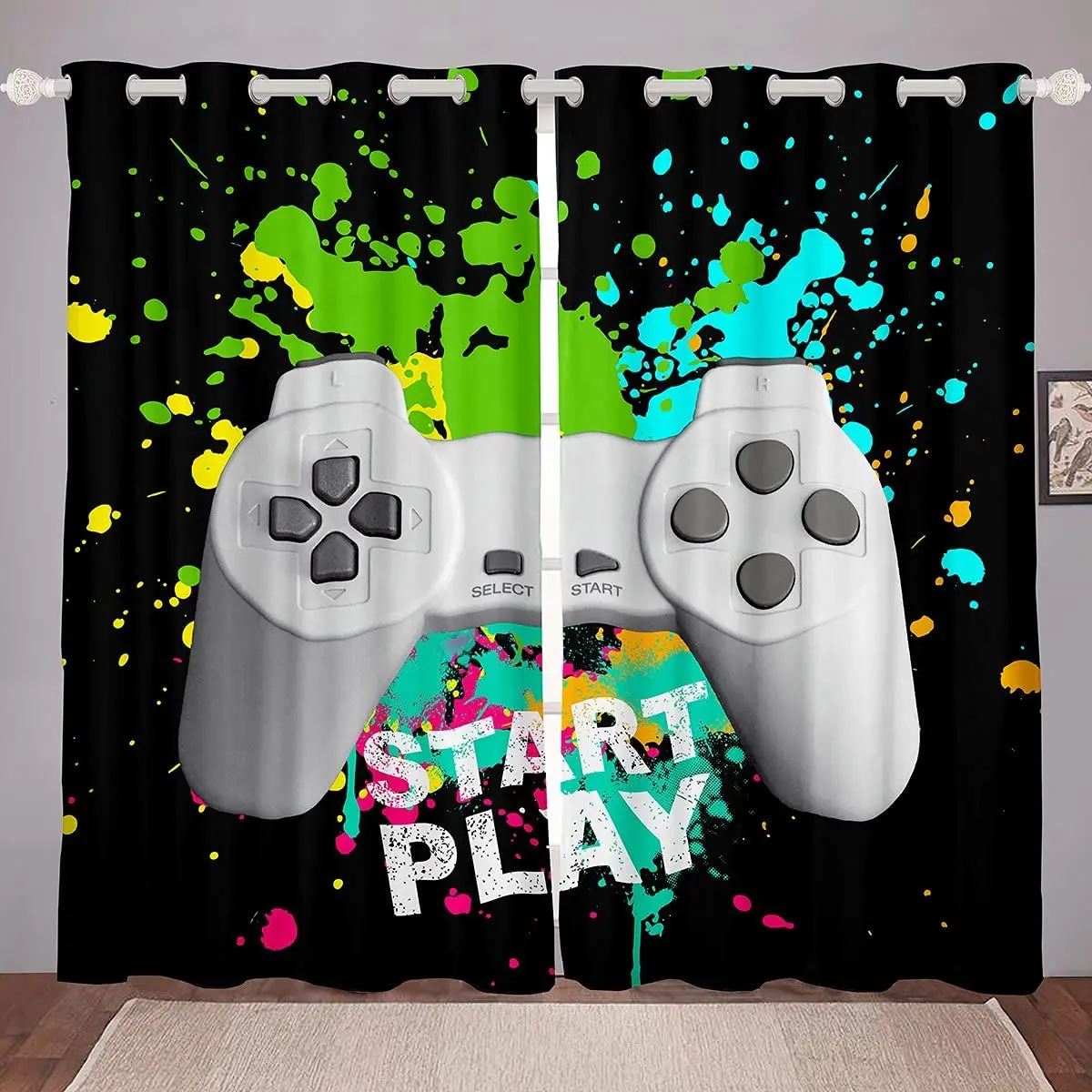 

Gaming Thermal Insulated Window Drapes Teal Marble Gamepad Room Darkening Curtain for Kids Boys Girls Gamer Curtains for Bedroom