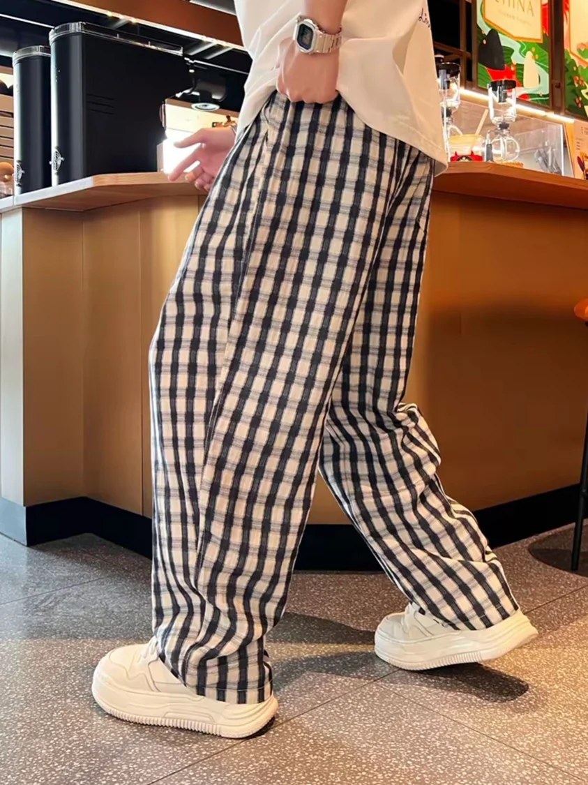 Summer Men's Korean Lazy Style Fashionable Plaid Wide Leg Casual Pants Elastic Waist Drawstring Breathable Comfortable Loose Fit