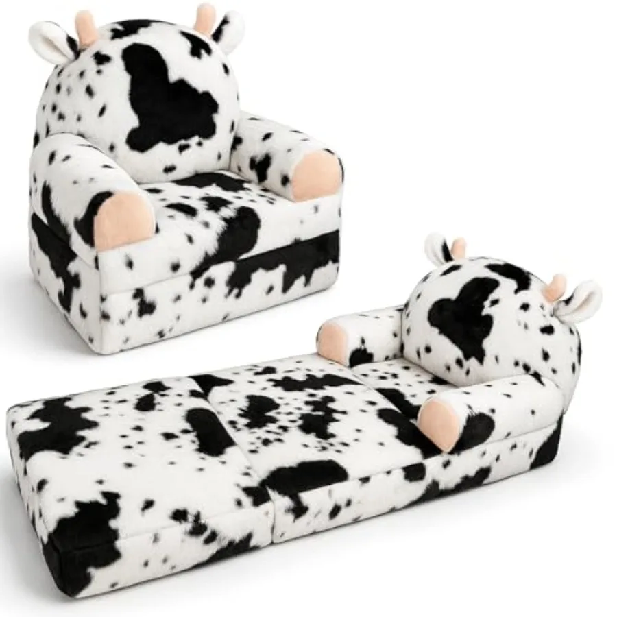 

Toddler Chair with Faux Rabbit Fur 2-in-1 Foldable Couch Soft Sofa for Reading Bedroom or Playroom Use Ages 1-3 Cow