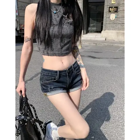 여성의 낮은 상승 탄성 꽉 웅크 리고 데님 반바지 여름 새로운 뜨거운 여자 거리 캐주얼 엉덩이 랩 섹시한 미니 반바지 여성
