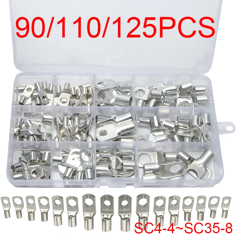 60/90/110/125PCS/Assortment Car Auto Copper Ring Terminal Wire Crimp Connector Bare Cable Battery Terminals Soldered Connectors