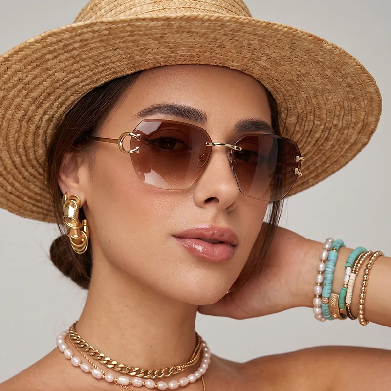American Retro Frameless Irregular Sunglasses Women's Light Luxury High-Level Sense Metal Personalized Thin Leg Sunglasses