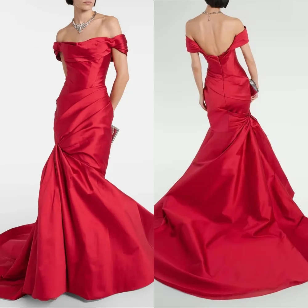 Customized High Quality Women Evening Party Gown Pleat Off-the-shoulder Chic Mermaid Bespoke Occasion Charming Red Long Dresses