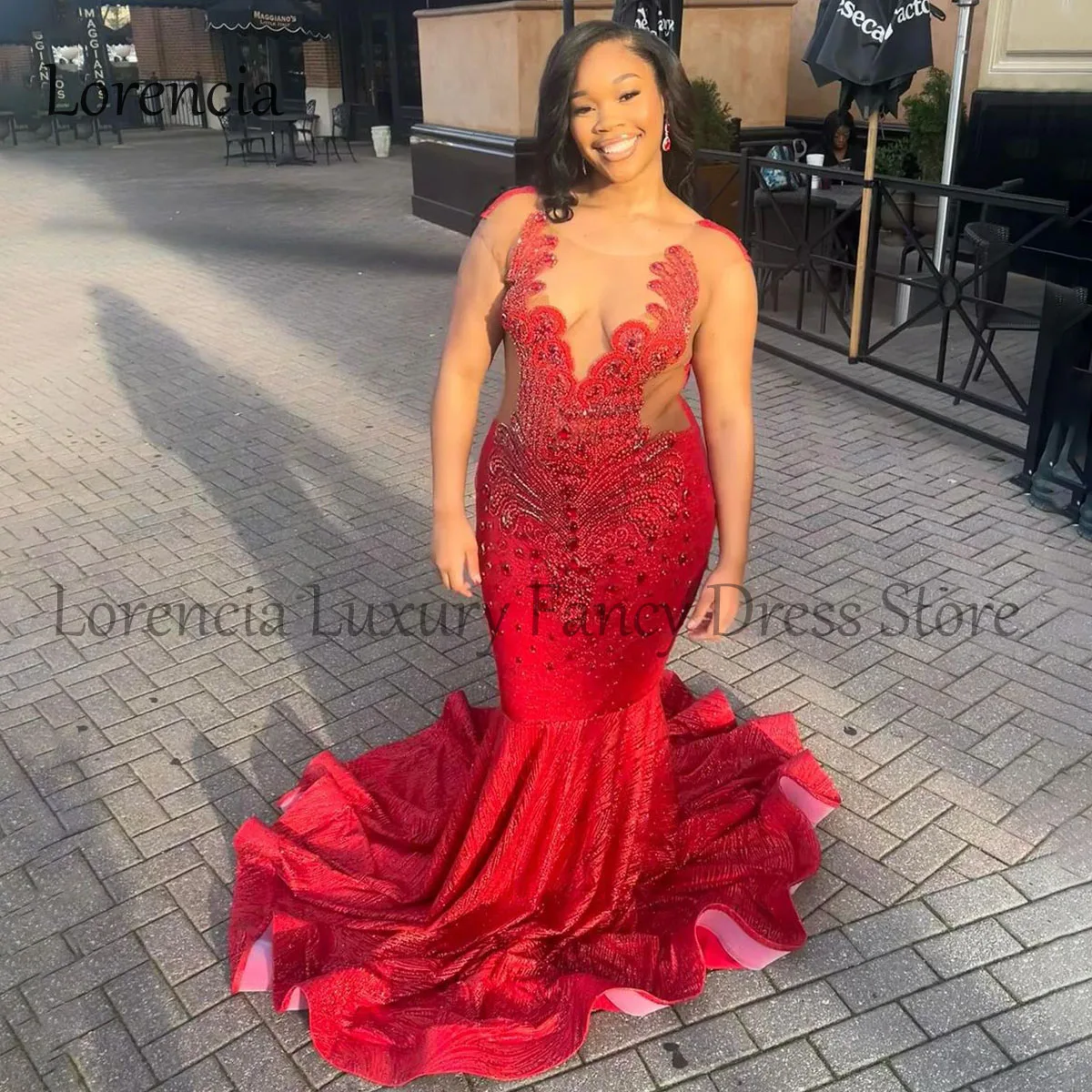 

Luxury 2024 Red Diamonds Long Mermaid Prom Dress For Black Girls Sparkly Evening Party Gown Formal Sleeveless vestidos de gala