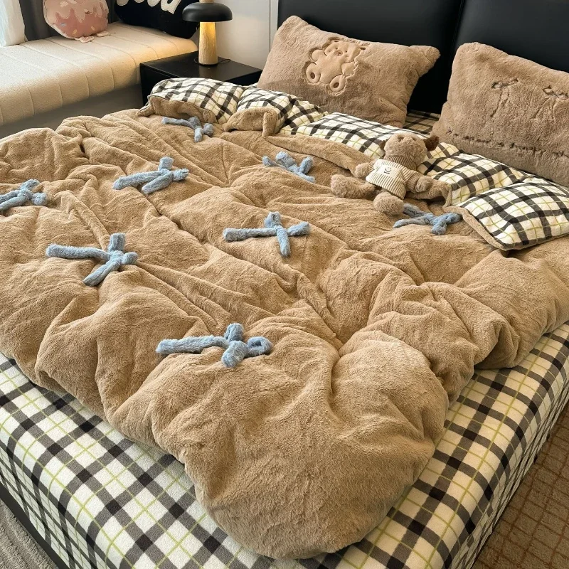 Cute Bowknot Cartoon Milk Velvet Bedding Set Colorfast Machine Washable Bed Linen Double Sided Thick Coral Fleece Duvet Cover