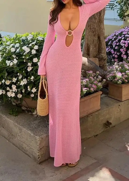 

Women's Dress 2026 Summer Sexy Hot Girl Vacation Style, Sexy Deep V-Neck Metal Ring Decoration Trumpet Sleeve Hollow Out Dress