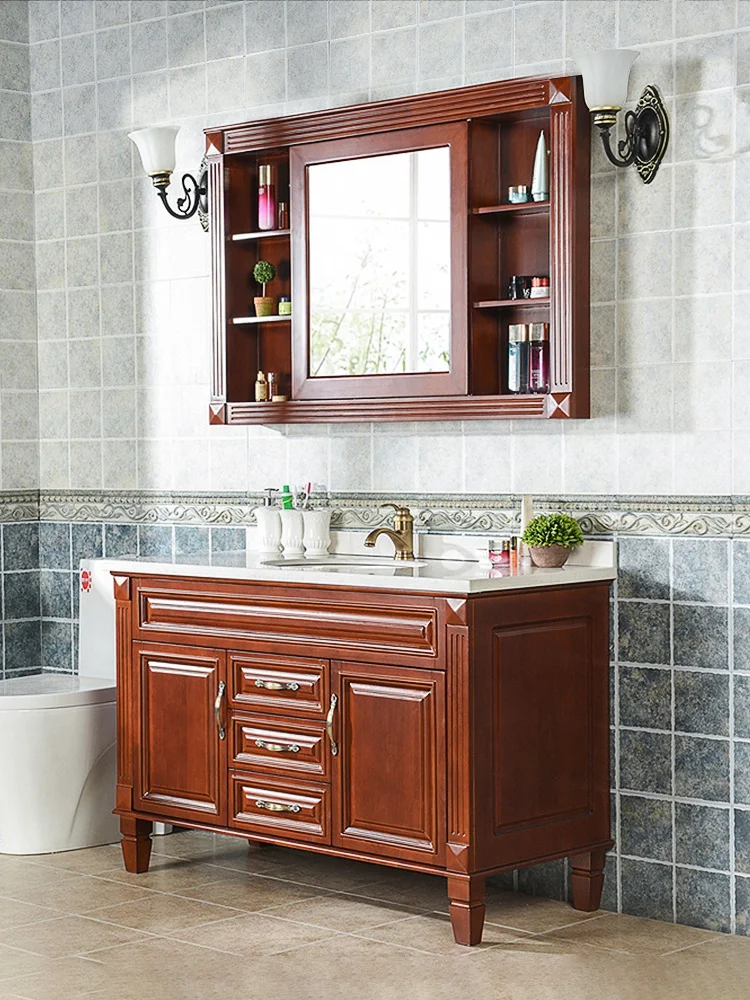 Retro solid wood washbasin marble bathroom floor-to-ceiling hand washbasin mirror cabinet