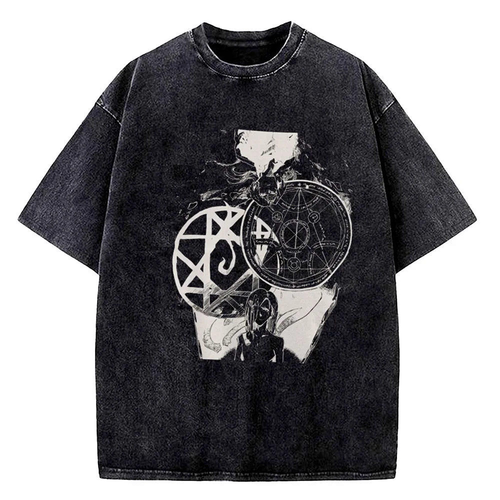 Fullmetal Alchemist Vintage Washed cotton tshirt teen hip hop 2000s Gothic Colorful streetwear t-shirt Psychedelic 2000s hip hop