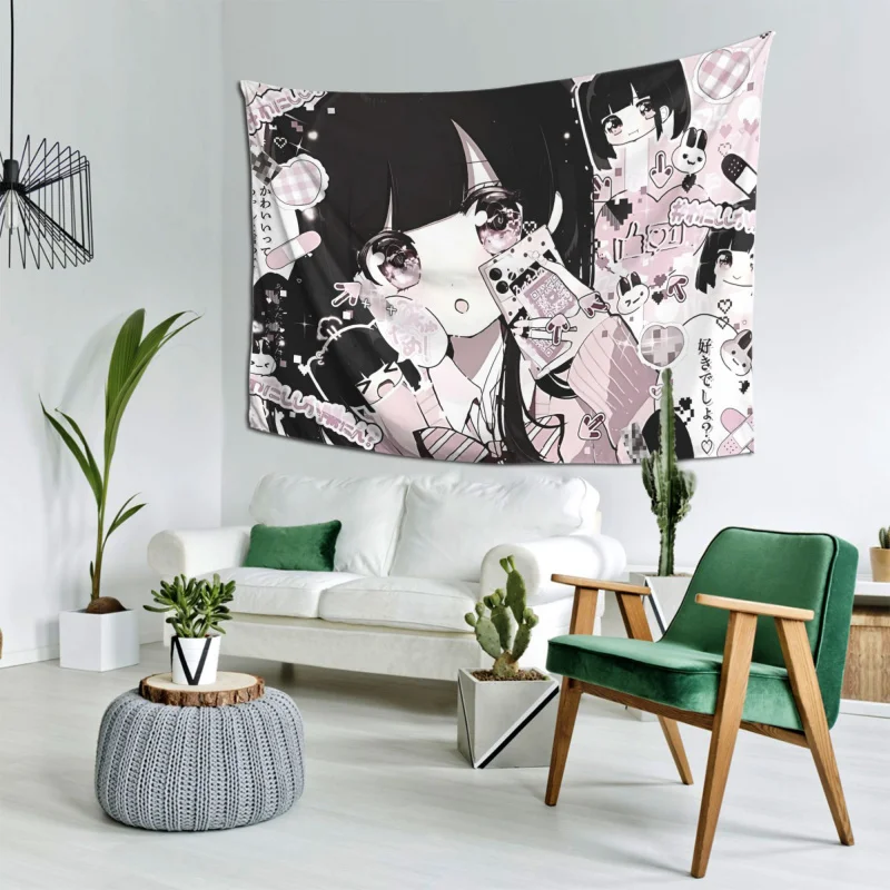 VIKAMA Sweet Cool Black Pink Pixel Girl Wandteppich, Anime-Atmosphäre, Ins-Stil, dekorative Wanddekoration, Raumdekoration, Heimdekoration