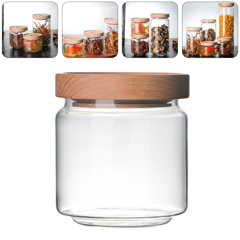 

Beech Wood Glass Storage Jars Sealed Containers for Food Kitchen Clear Canisters Wooden Lid Dust Moist Proof Easy Hold Proper