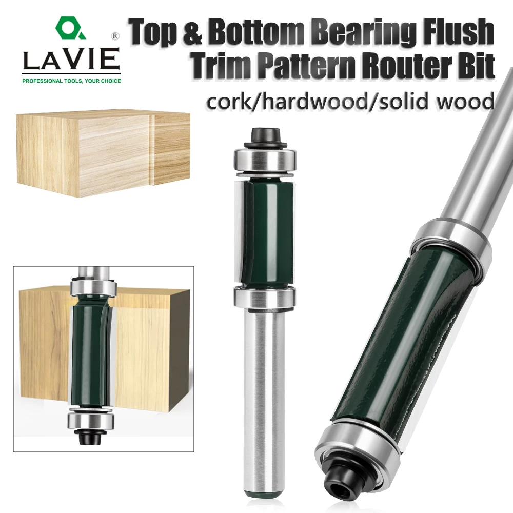 LAVIE 1pc 8mm Shank Double Bearing Flush Trim Router Bit,Carbide Tipped Wood Edge Pattern Milling Cutter For Template 13mm-19mm