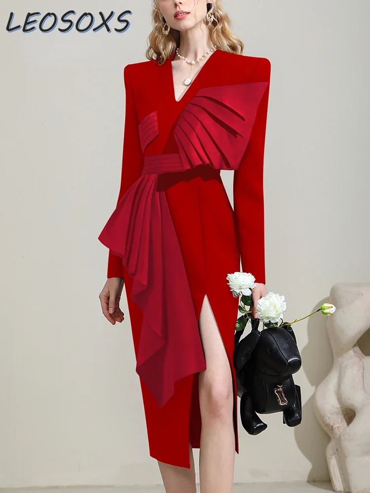 Autumn and Winter 2023 New Banquet Temperament Female V-neck Young Sexy Slit Mid-length Dress Dignified Elegant Red Women Dress