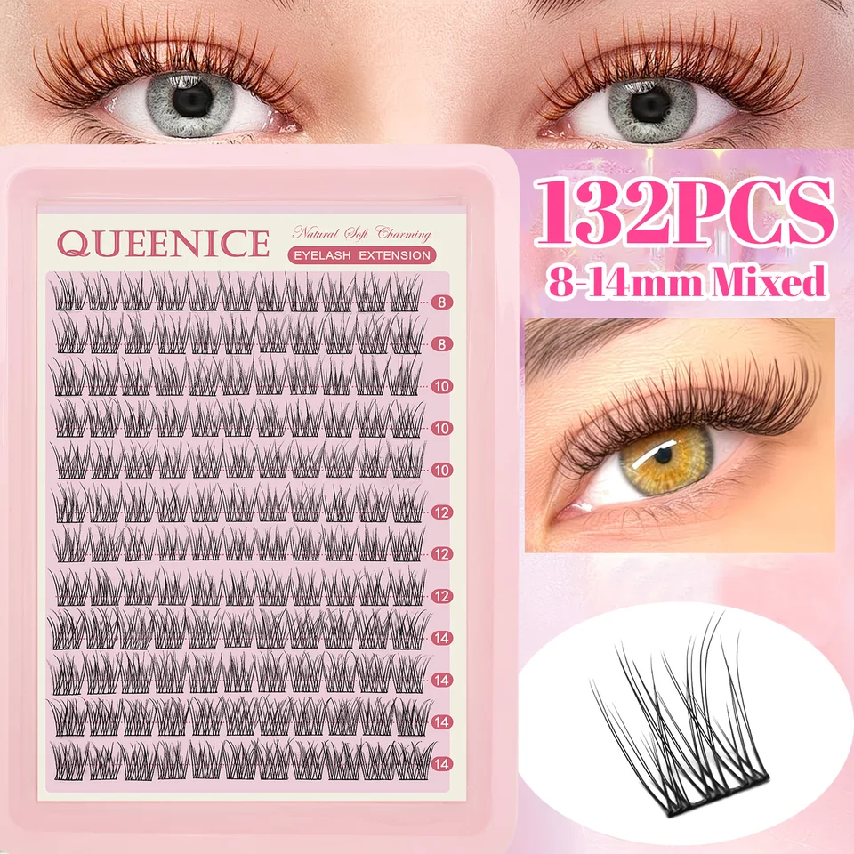 QUEENICE extensiones de pestañas postizas naturales, grosor 0.07mm, curva C, longitudes mixtas de 8-14mm