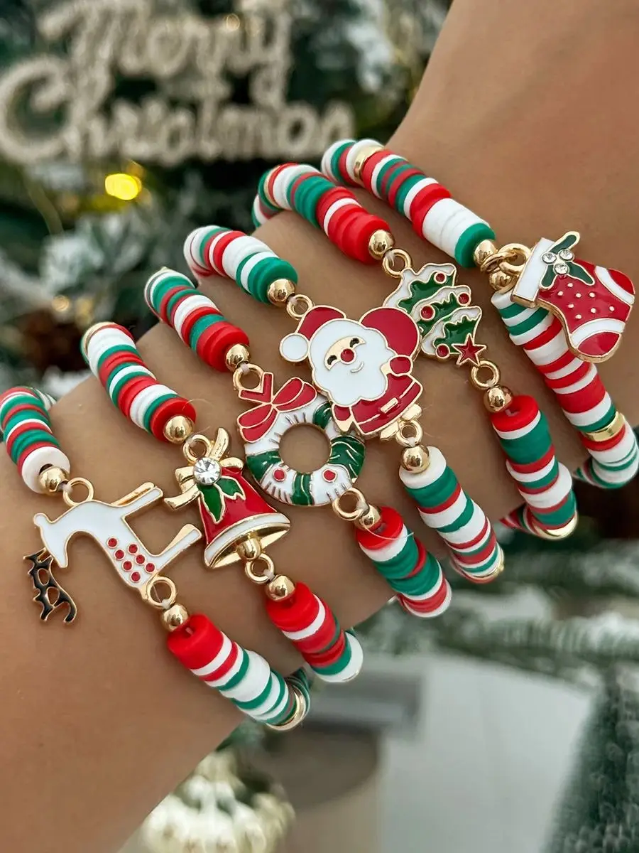 PuRui 6 pièces/ensemble exquis arbre de noël père noël bottes Bracelet mode mignon polymère argile Bracelets année fête bijoux 2026