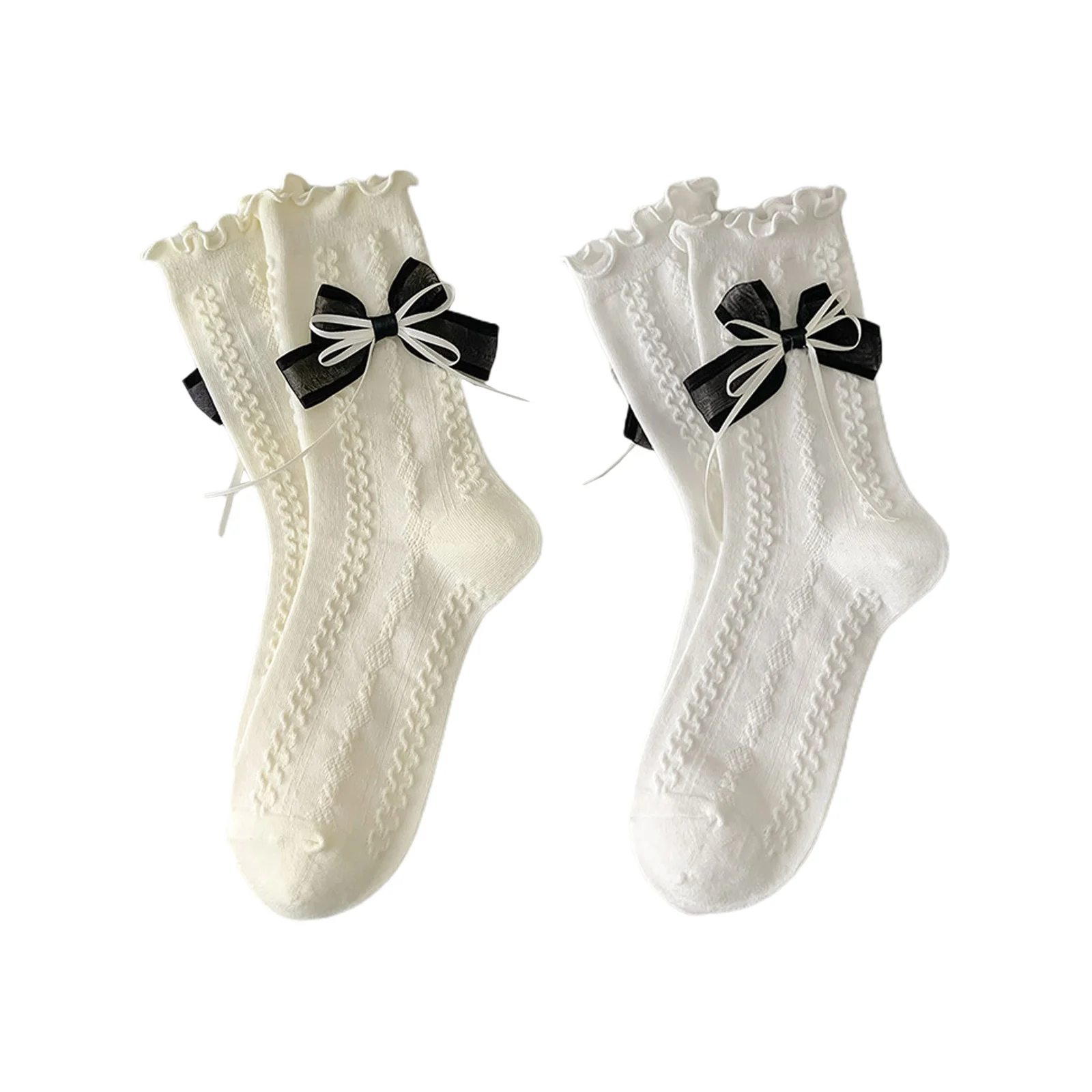 

Double-layer bow mid-calf socks beige + white combination 1 pair