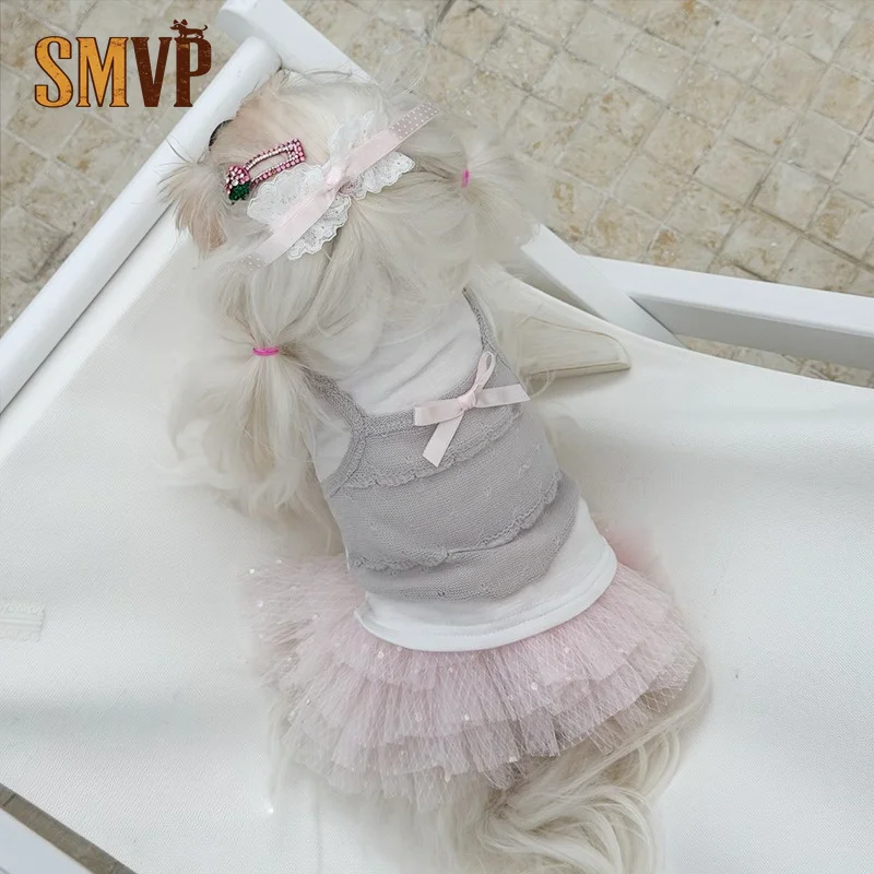 sweet-style-fake-two-piece-pet-cotton-t-shirt-hollow-lace-camisole-overlay-satin-bow-soft-breathable-summer-pet-sleeveless-top