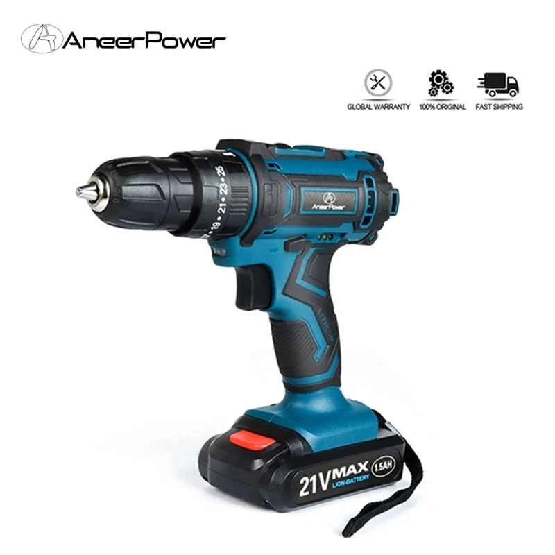 2 Speed Cordless Impact Drill 21V Electric Screwdriver Home Mini 1500 Mah 18650 Lithium Battery Wireless Rechargeable Hand Drill