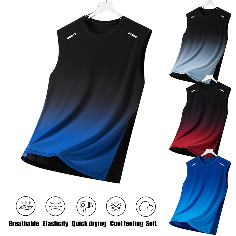 Men Gradient Sports Vest Lightweight Sleeveless Round Neck T-Shirt Summer Running Loose Fit Youth Sports Fitness Breathable Top