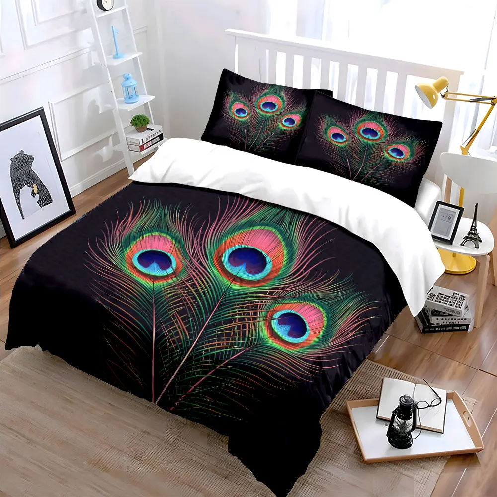Peacock Feather Art Decor Set Soft Skin-Friendly Bedding Set Includes 1 Duvet Cover And 2 Pillowcase, Gift