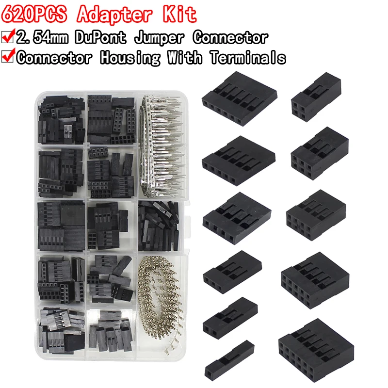 620PCS 2.54mm Terminal Connector pitch Cable Jumper Wire Pin Header Housing Kit Male Crimp Pins+Female Pin Dupont Connector