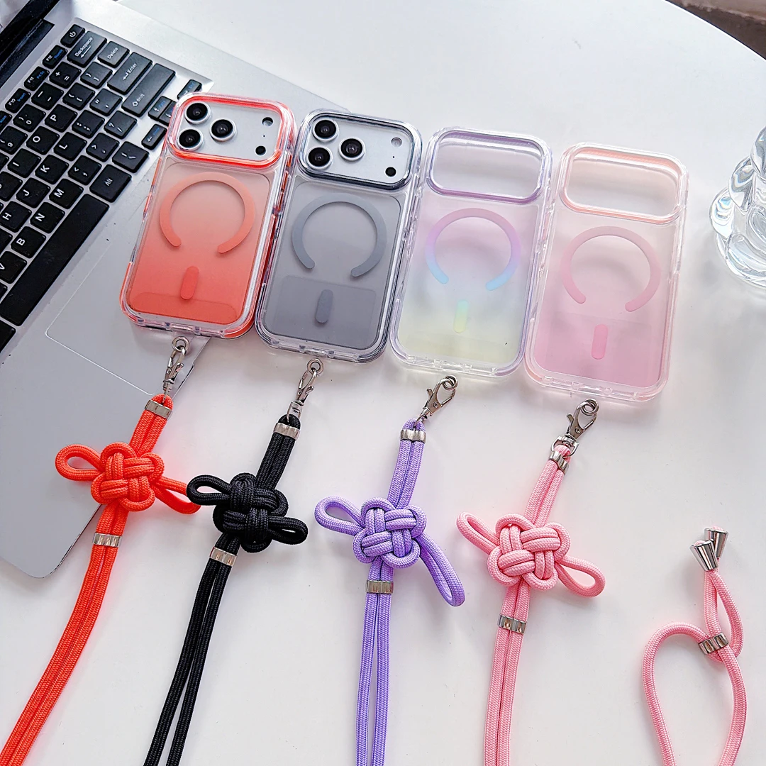 

Lanyard High Quality Anti-Drop Gradient Case For iPhone 13 14 15 16 17 Pro Max Plus Built-in Magnet For Wireless Charge Cover