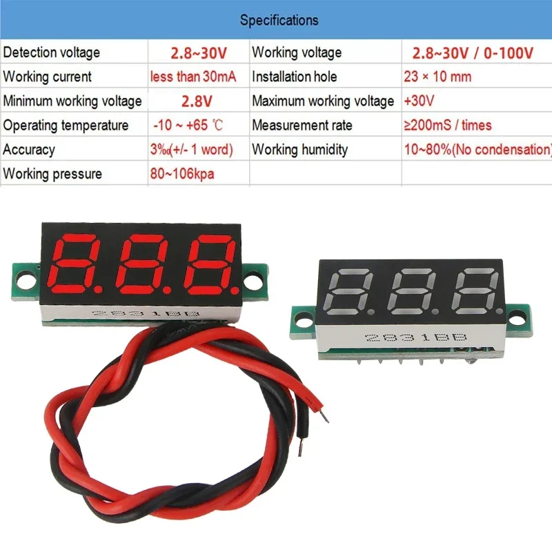 Voltímetro Digital LED DC de 0,28 pulgadas, medidor de voltaje de 0-100V, Detector de voltaje de energía móvil para coche, 12V, rojo, verde, azul,