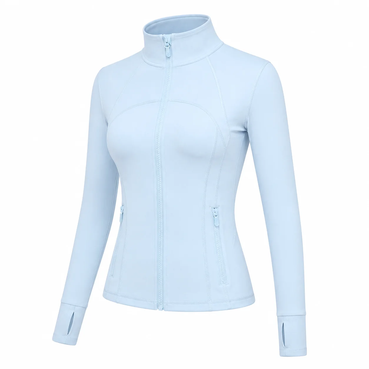 Women's Sky Blue Slim Fit Athletic Jacket Full Zip Stand Collar Thumbhole Sleeves for Yoga Running Gym Training
