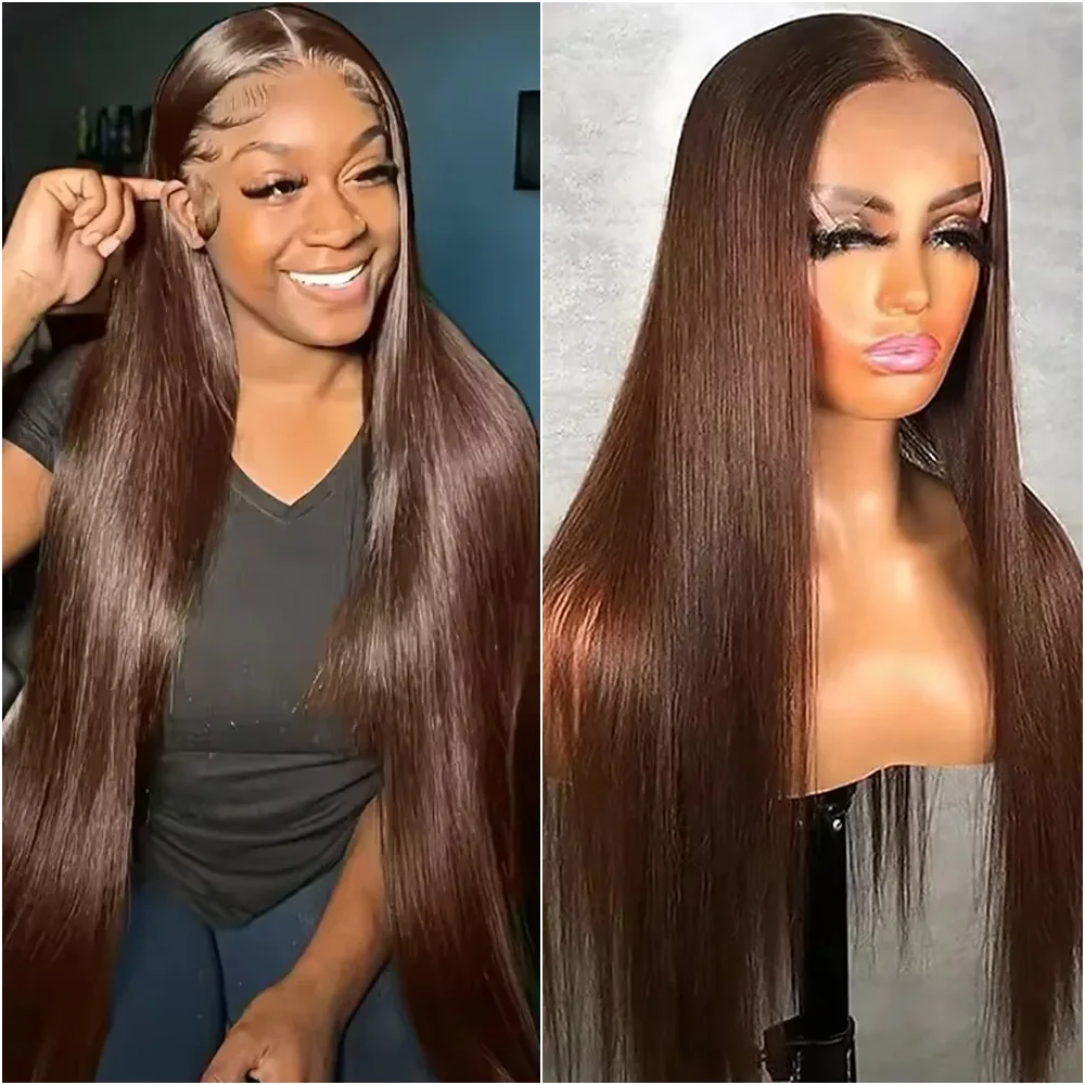 

220 Density Chocolate Brown Straight Lace Front Wig 30 40 Inches 13x6 Transparent HD Lace Frontal #4 Pre Plucked Human Hair Wigs