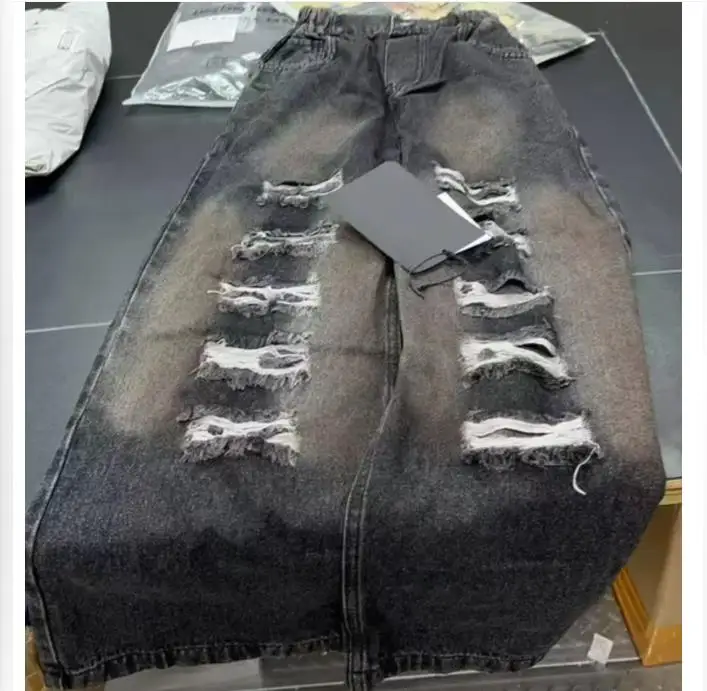 Kids Girls Vintage Heavy Broken Jeans with Hole for Child y2k Clothes Harajuku Hip Hop Washed Distressed Baggy Denim Pants 5-14Y