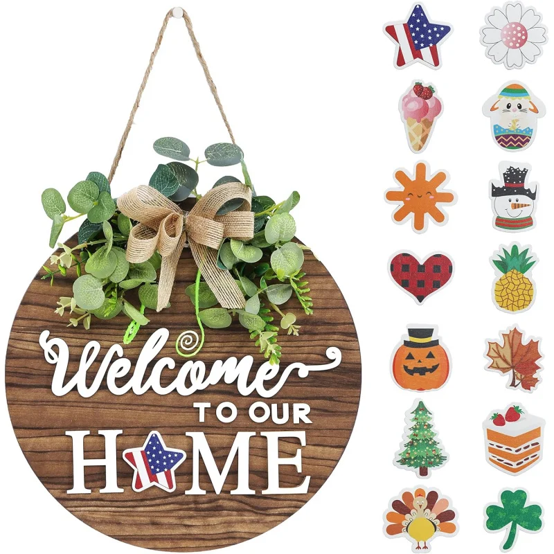 

12 Inch Rustic Wooden Welcome Sign for Front Door Farmhouse Porch Seasonal Decor Halloween Christmas Holiday Decorations