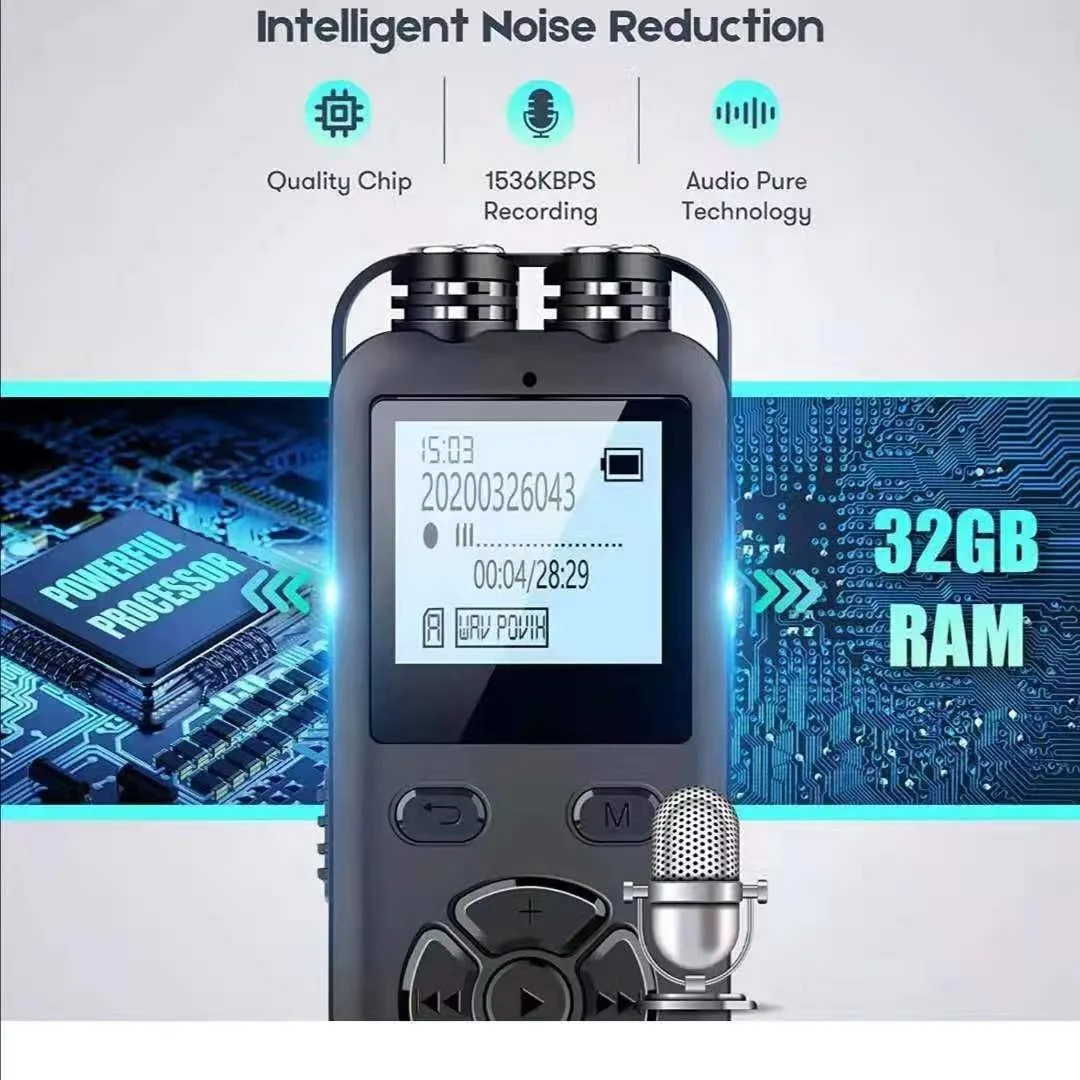 Perekam Suara Profesional Suara Diaktifkan 7 Tingkat Peredam Kebisingan Perekaman Pemutar Mp3 Hifi Perlindungan Kata Sandi 1536Kbps