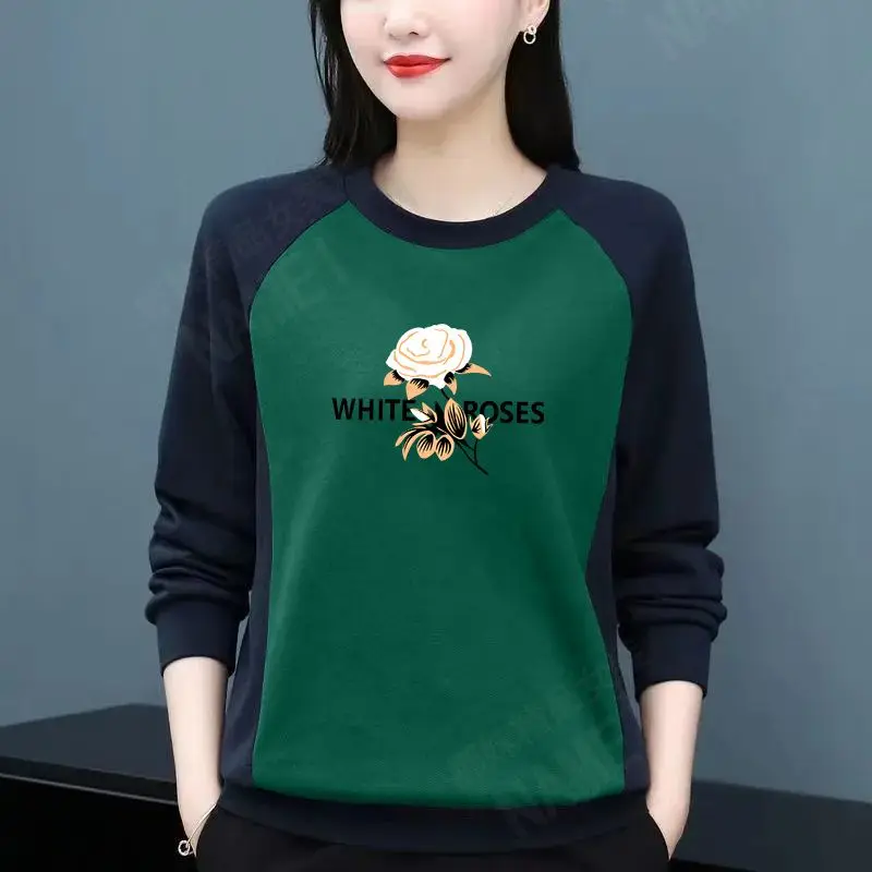 Women's Autumn Casual Simplicity Printing Patchwork O-neck Long Sleeve Sweatshirts Women Clothes Fashion All-match Loose Tops