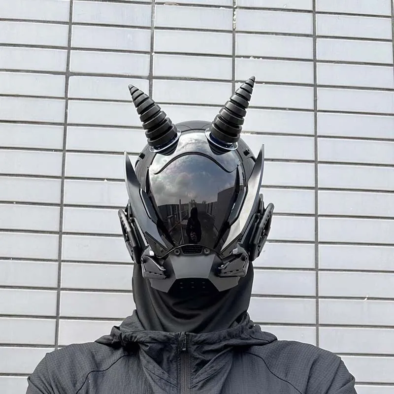 Cyber Punk Mask Mechanical Warrior Devil Horn Cosplay Prop Futuristic Sci-Fi Costume Accessory For Halloween Party Performance