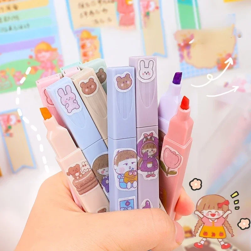 Korean Highlighters Stationery Markers Papeleria Cute Colored Markers Highlighter Pen Back To School Aesthetic Supplies