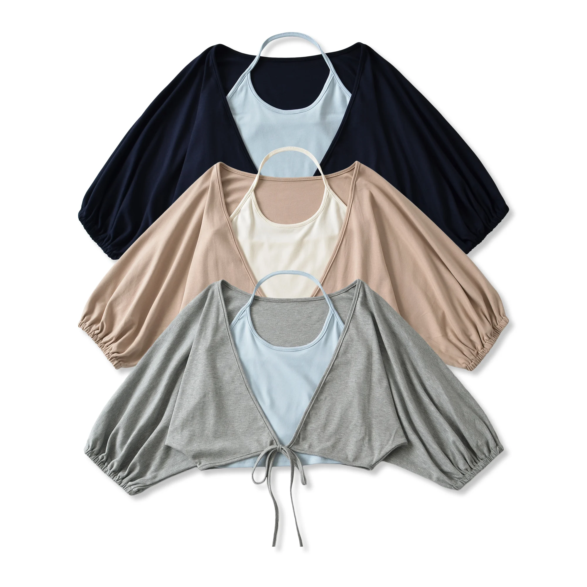 3pcs 1 Set Autumn Contrast color Halter Camis Lacing Up Bow Front Bat Sleeve Cardigan Tee Elastic Waist Sweats Pants Suits - view 5