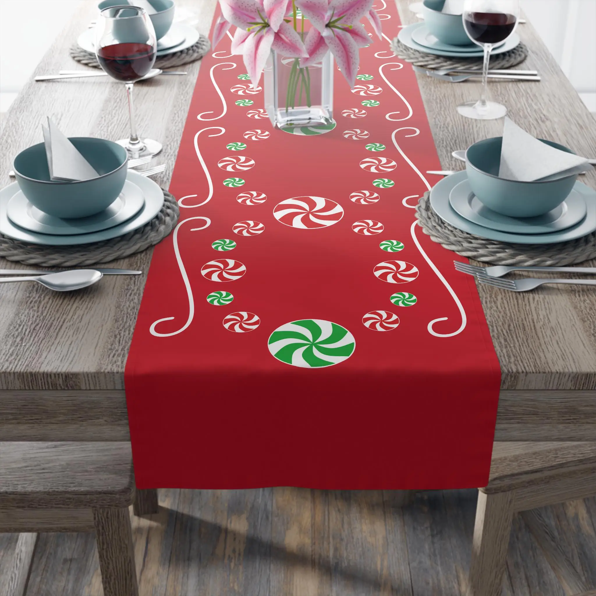 Christmas Peppermint Table Runner, Holiday Kitchen Decor Tablecloth for Dining Table Party, Xmas Home Decoration