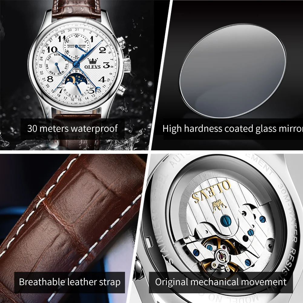 OLEVS-Montres Originales pour Homme, Étanche, Phase de Lune, Bracelet en Cuir, Entièrement existent, Mécanique, Échelle Numérique, Montre d'Affaires