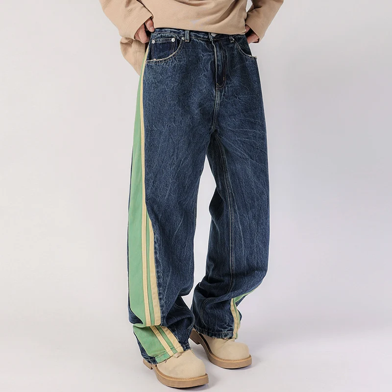 Men Streetwear Fashion Side Splice Hip Hop Loose Casual Wide Leg Straight Baggy Jeans Pant Cityboy Jeans Pants Trousers