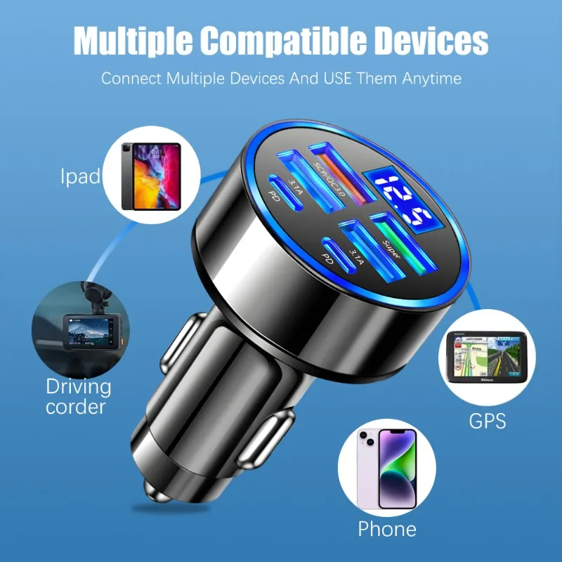 6 in 1 Digital Display Car Charger 4USB+2PD Support Super Fast Charging DC12-24V Multi Port Digital Display Mobile Phone Charger