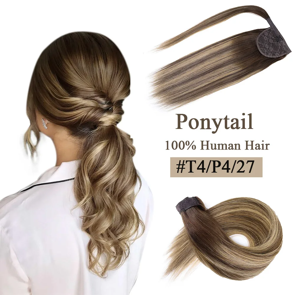 Queue de cheval en surbrillance blonde pour femme, extensions de cheveux, 100% vrais cheveux, extension de cheveux humains, magie ronde autour de 20 po