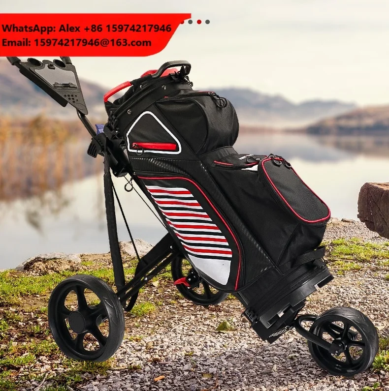 Reinforced Foldable Lightweight Durable 3-Wheel Aluminum Rubber One Touch Golf Push Pull Trolley Caddy Cart Foot Brake Cupholder