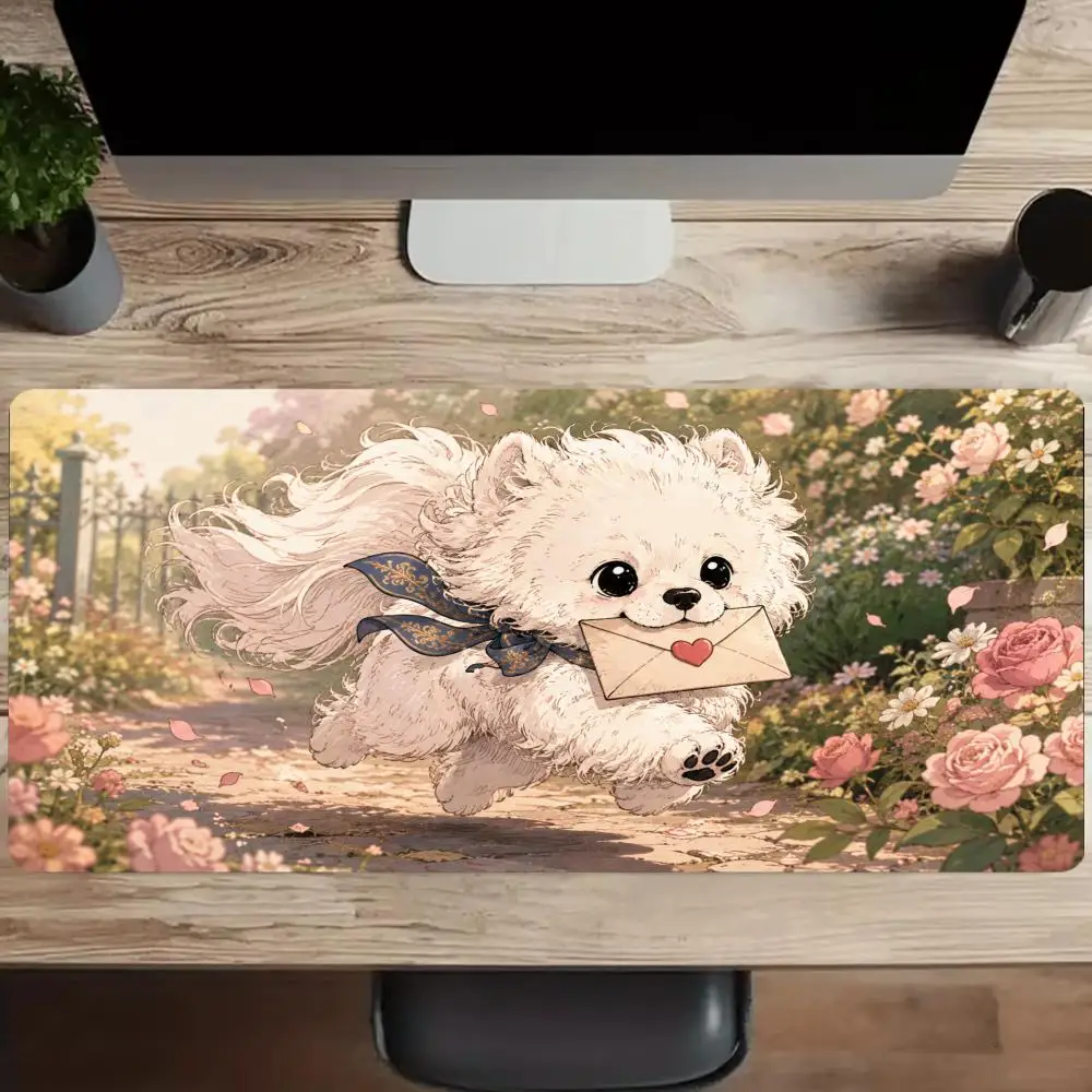 White Fluffy Puppy Extended Mouse Pad Big Desk Pad For Gamers Computer Desktop Decoration Pc Accessories Desk Mats Setup