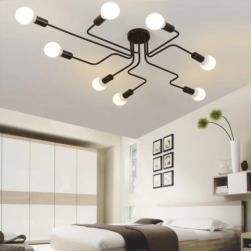 Vintage Multiple Rod Pendant Lights Wrought Iron Ceiling Lamp E27 Bulb Hanging Lamps for Home Lighting Fixtures