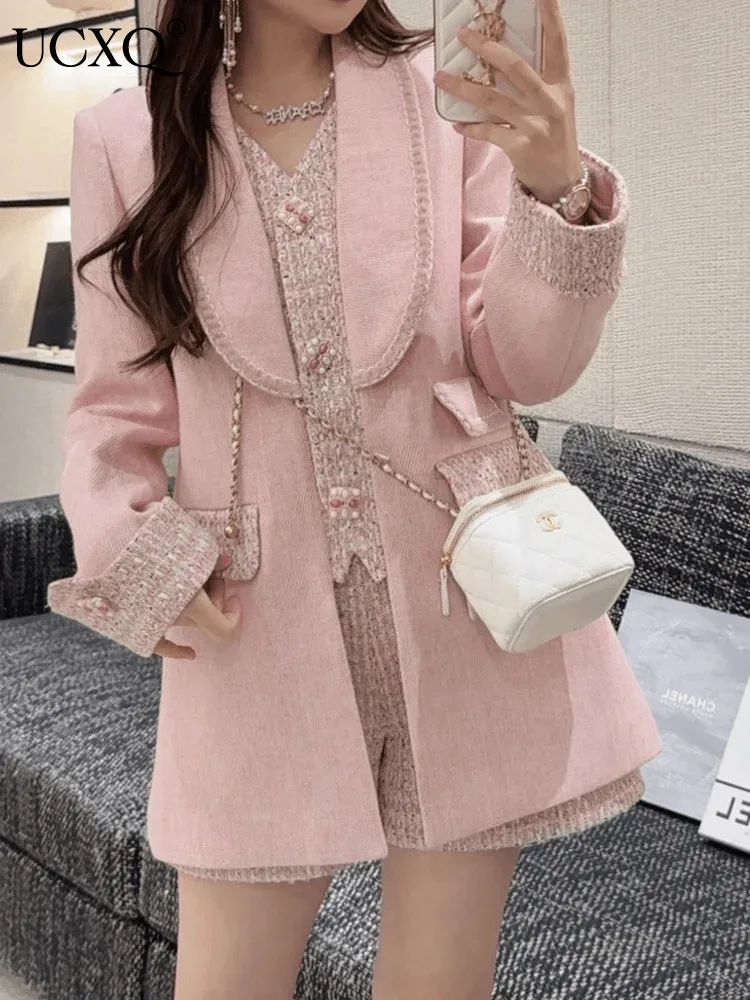 UCXQ Fashion Women\'s Sets Korean Style Nail Bead Splicing Blazer Coat Shorts Elegant Two-piece Set 2024 New Spring Autumn 3C1147