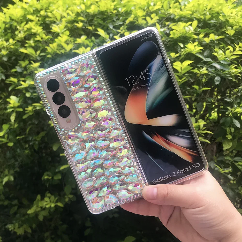 Luxo bling strass caso de telefone para samsung galaxy z fold 5 4 3 2 diy colorido gota de água diamante claro duro pc capa traseira