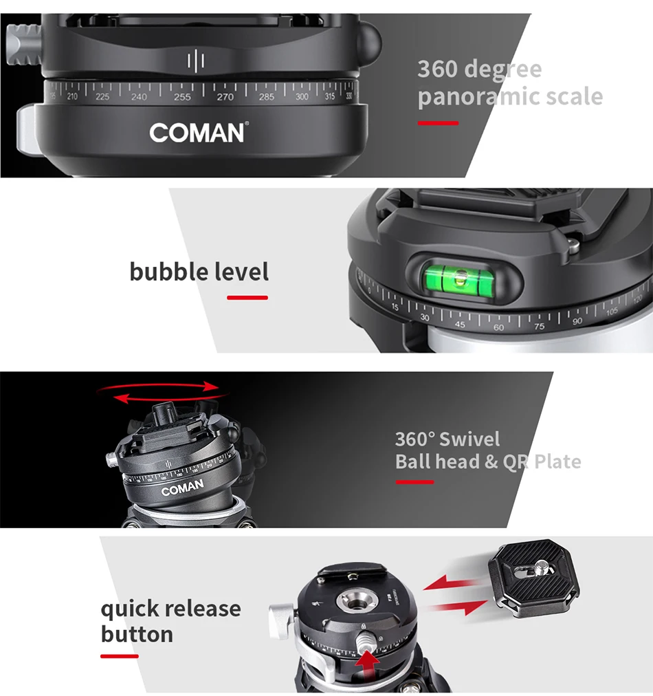 COMAN Zero F38 Carbonfaser-Stativ Leichtes Kugelkopf-Stativ für DSLR-Kameras mit Schnellwechselplatte für Smartphone iPhone – Detail 5