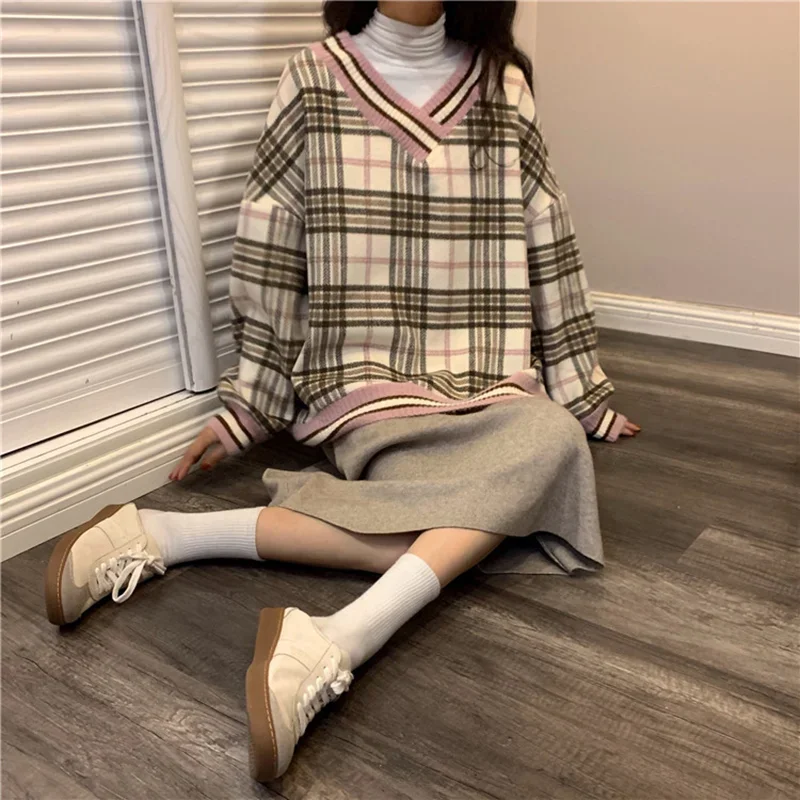 

Women's V-Neck Long Sleeve Plaid Sweet Sweatshirt Tops 2024 New Loose Retro Korean Pullover Female College Style Lazy Jumper Ins